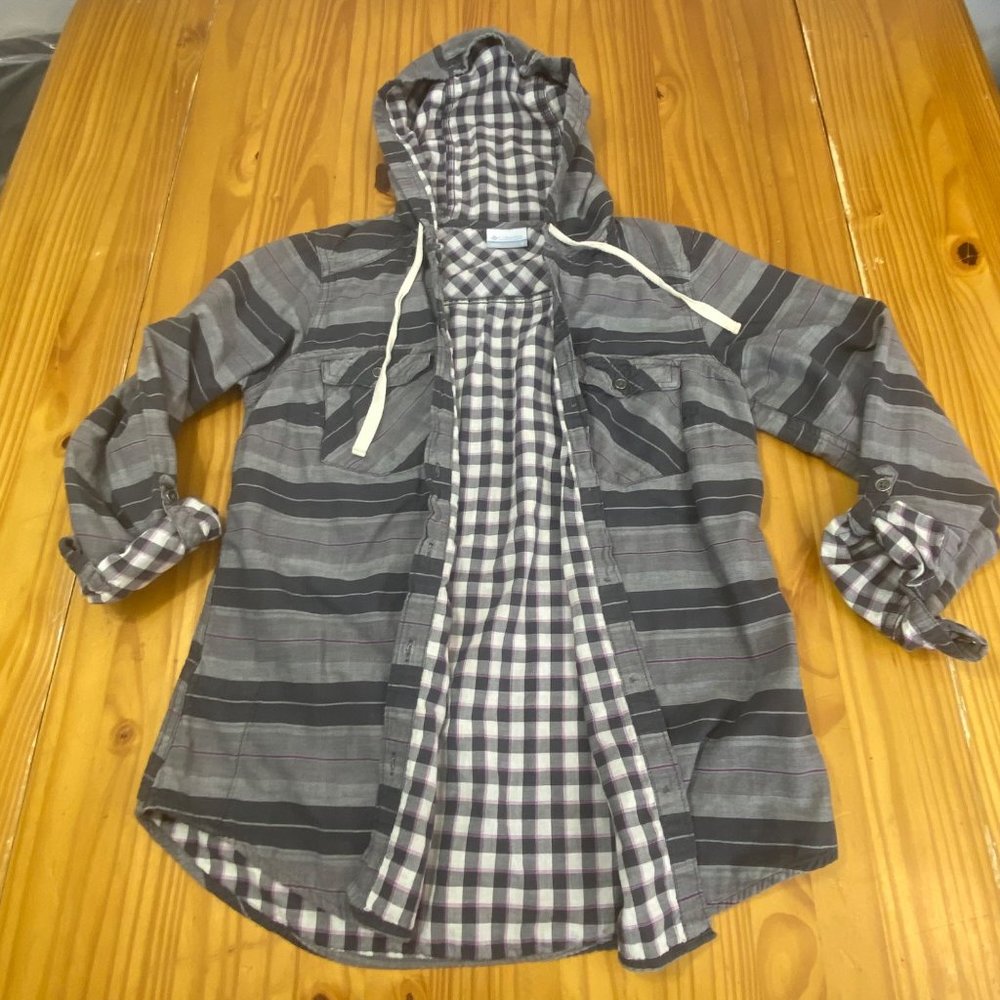 Columbia Women Button Up Hooded Cotton Flannel Shirt S Cotton Purple Gray Plaid - Picture 5 of 11